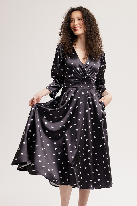 CAMISSI, Rochie midi evazata cu model si buzunare, Alb/Negru stins