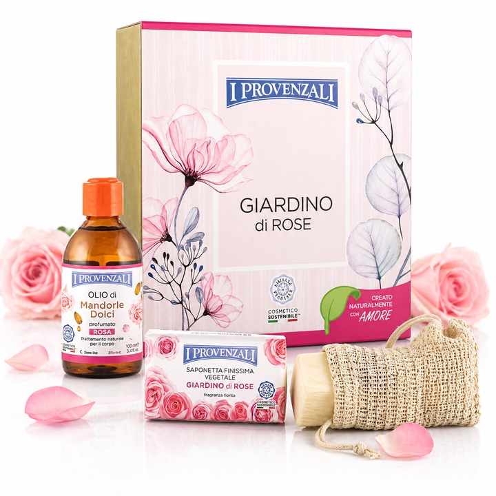 I Provenzali Подаръчен комплект Giardino di Rose, Масло от сладък бадем с роза, Растителен сапун и Ексфолираща ръкавица, Грижа за тяло, Флорален