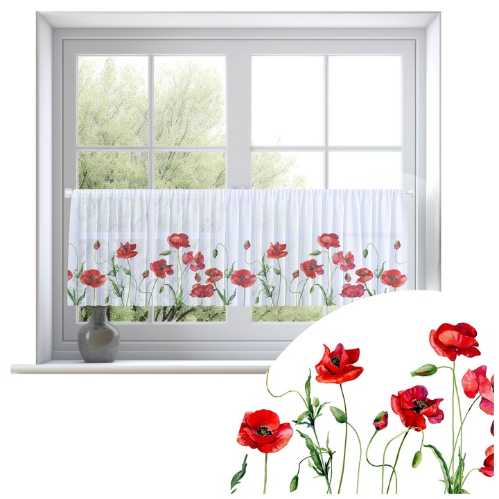 Perdele, Homeview, 150x50 cm, Pentru camera de zi si dormitor, Cu tunel, Decorativ, Montaj usor, Poliester, Alb cu imprimeu, model 0374