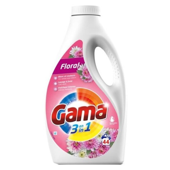 GAMA 3V1 FLORAL folyékony univerzális mosószer, 1,98L, 44 mosás, fehér és színes ruhákhoz