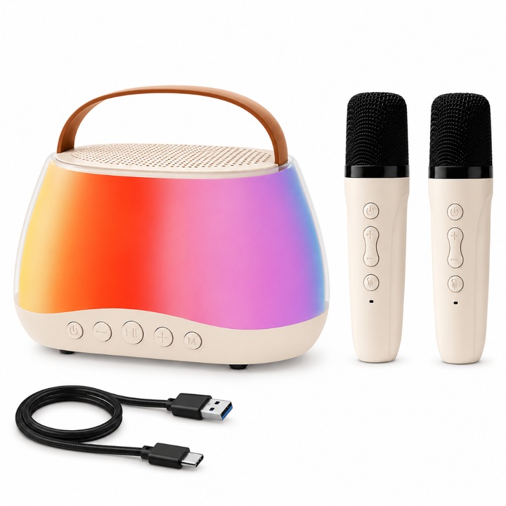 Velixo®️ 2 db Karaoke Mikrofon és Hangszóró Szett, Vezeték nélküli, Bluetooth, RGB LED Fény, Sztereó Hangzás, 5 Énekeffektus, MicroSD Kártya, Aux, Bulikhoz, Előadásokhoz, Gyerekeknek és Felnőtteknek, Hordozható, USB Type-C Kábel Mellékelve, Krém