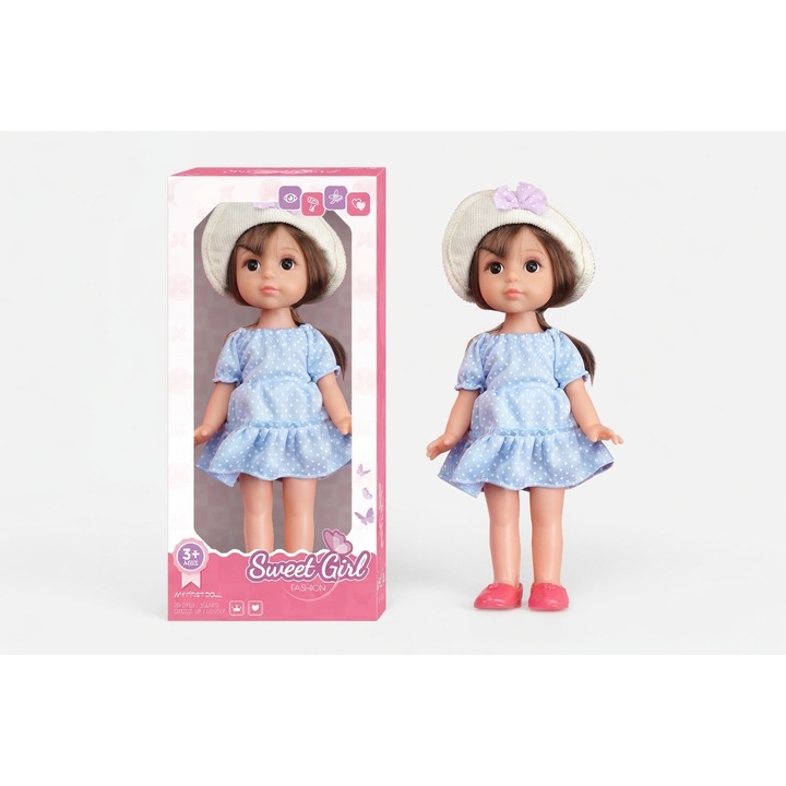 Papusa Fashion PinkBlue 30 cm – Kék Pöttyös Ruha, Fehér Kalap, Szerepjáték és Képzelet, 3+ Év