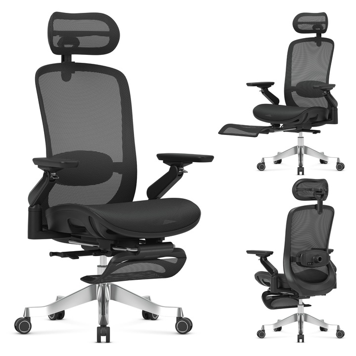 Ergonomikus irodai szék, Mark Adler Leadpro 8.7, masszázs, 4D fejtámla, 6D kartámasz, kihúzható lábtartó, 3D deréktámasz, állítható ülésmagasság és mélység, dinamikus mechanizmus, légáteresztő Mesh háló, BIFMA tanúsítvány, max. 130 kg, Fekete