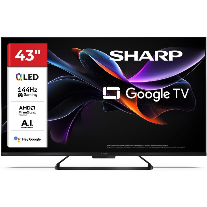 Телевизор Sharp LC-43HR8265E, 43”, 4K, Ultra HD, 144Hz, QLED, Google TV, Черен