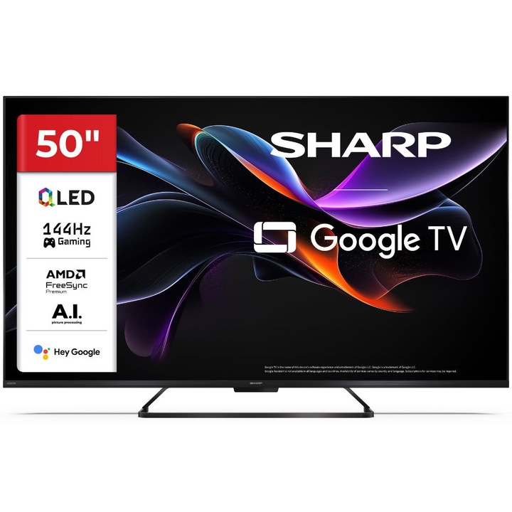Телевизор Sharp LC-50HR8265E, 50”, 4K, Ultra HD, 144Hz, QLED, Google TV, Черен