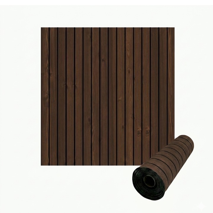 Rola tapet autoadeziv 3D premium tip riflaj NEXTLY, imitatie lemn, rezistent la apa, spuma moale si pvc, 3 mm grosime, adeziv puternic, 60x300cm, maro inchis nuc