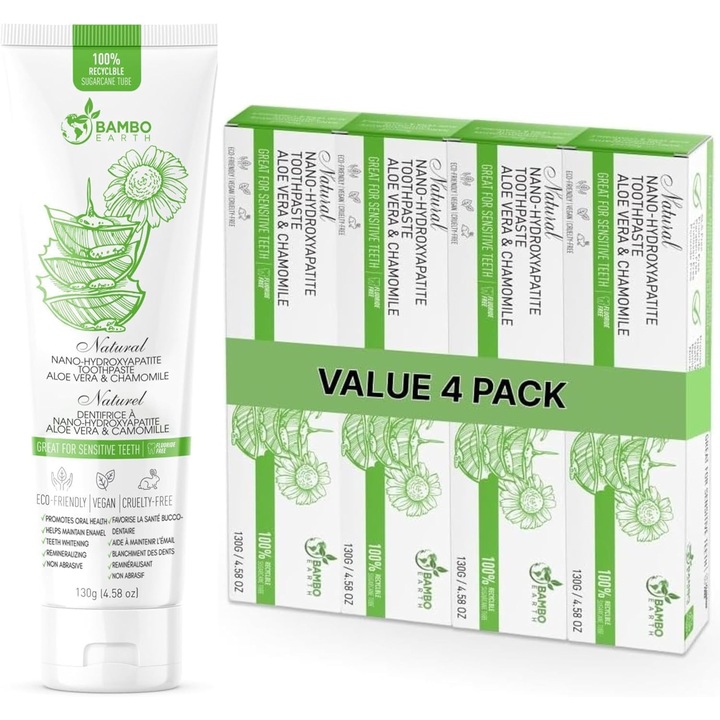 Паста за зъби BAMBOEARTH, 10% нано-хидроксиапатит, без флуорид, 130 гр