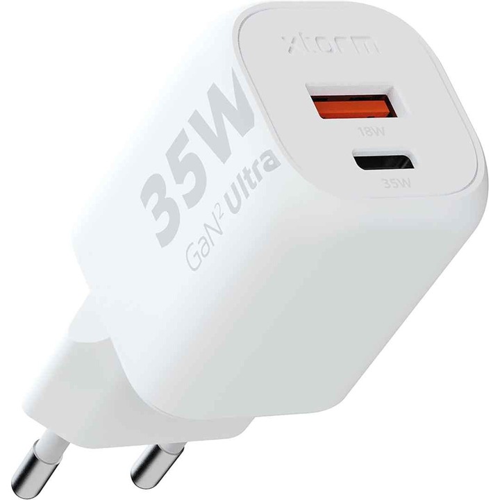 Xtorm Ultra-Wall 35W GaN2 fali töltő, kétportos USB-A és USB-C, fehér, 7.8x3.6x3.2cm