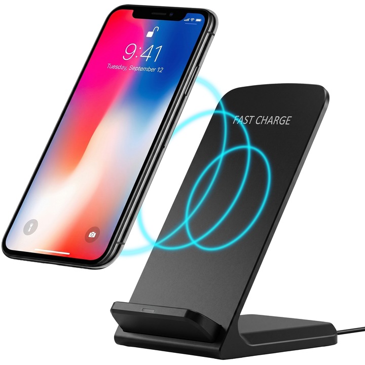 Incarcator wireless 15W, pad incarcare inductiva Qi cu cablu USB si indicator LED, fast charge pentru telefoane Samsung iPhone Huawei Xiaomi, incarcare wireless birou, Negru