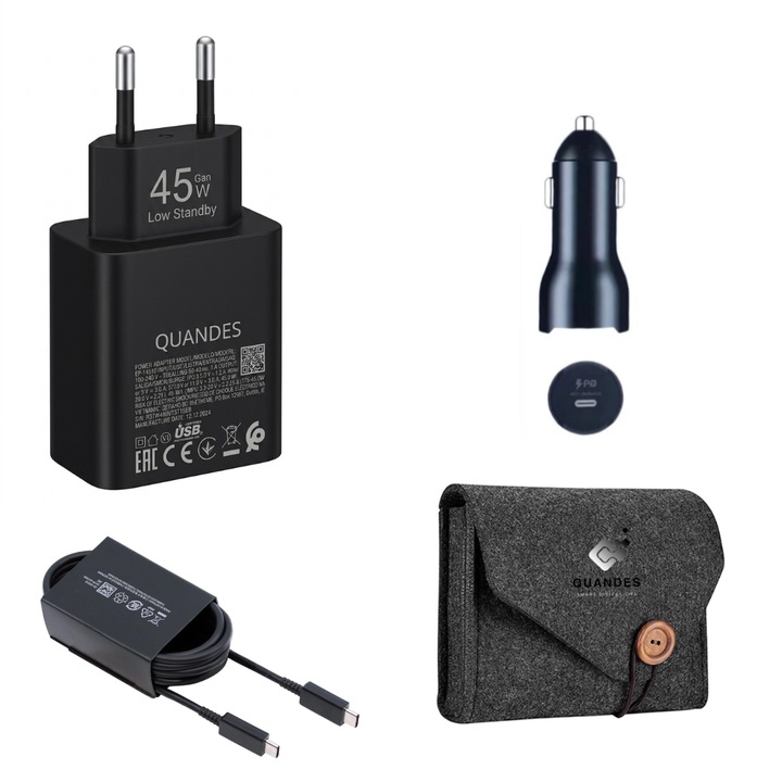 Kit Incarcator USB-C 55W GaN T4510, super Fast Charger, 1 Cablu date USB-C-C 5A, 1, 8M, incarcator auto USB-C-C 45W, QUANDES® Compatibil cu S26, S25, S24, geanta depozitare
