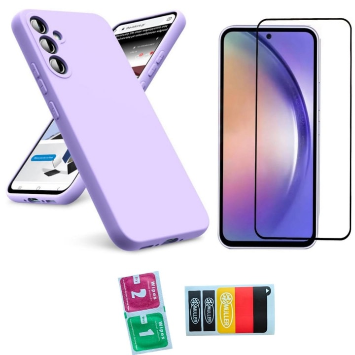 Set Husa silicon lichid Premium cu interior din microfibra + Folie Tempered Glass, Compatibil cu A55, Protectie completa, Antisoc, include Set Curatare si Stickere Müller®, Culoare Lila