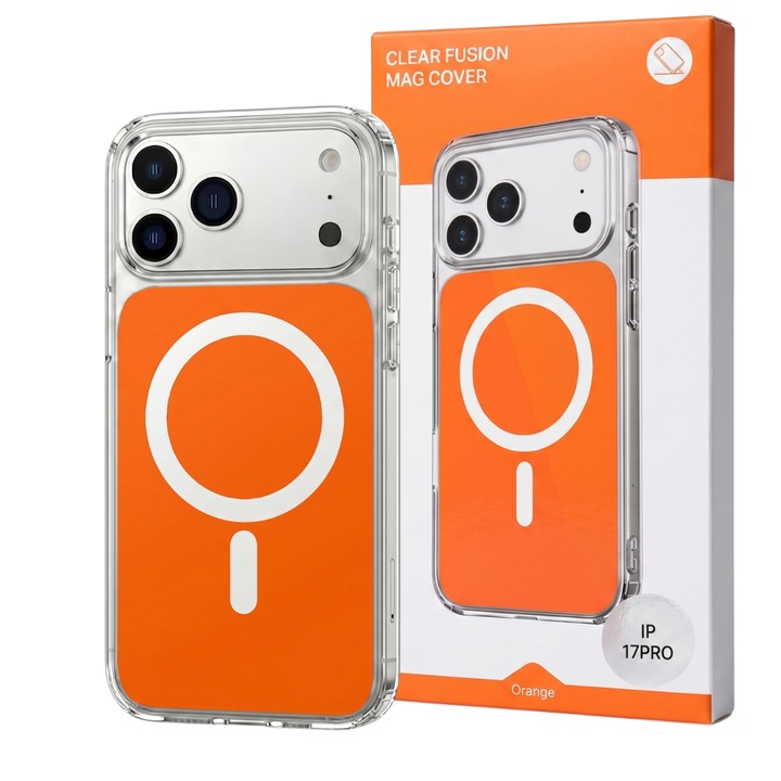 Husa pentru iPhone 17 PRO Portocalie, HEYBINGO®, design slim, MagSafe, Anti-Soc, Anti Zgarieturi, Clear Fusion Mag Cover
