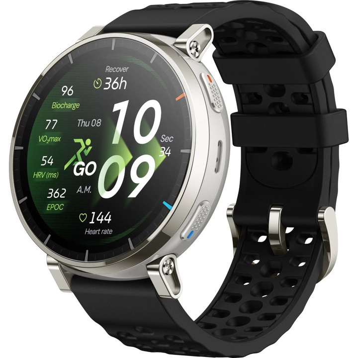 Amazfit Active 3 Premium NFC Apex смарт часовник, корпус от неръждаема стомана, 1.32" AMOLED дисплей, 5 ATM, сребрист корпус, черна силиконова каишка