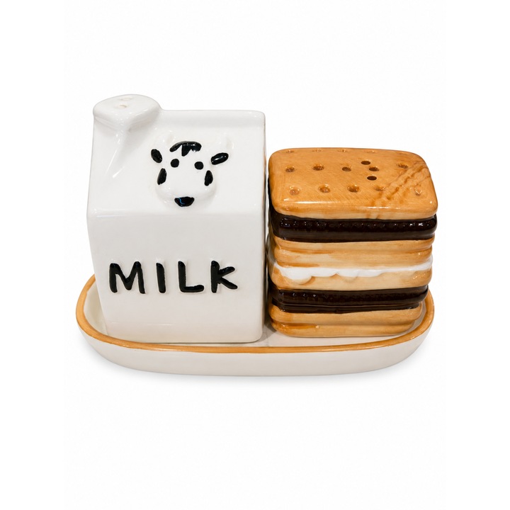 Set 2 Solnite Ceramice cu Tava, Design Lapte & Biscuit, Model Deosebit, Rezistente, Ideal pentru Bucatarie, Alb/Bej