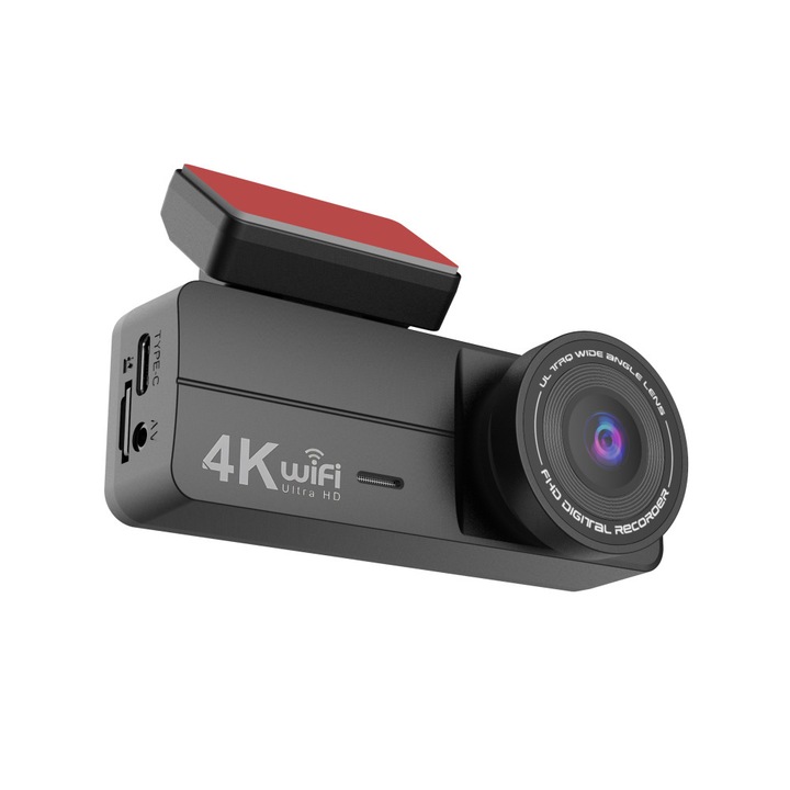 Camera Auto De Bord 4K DVR, Wi-Fi, Inregistrare Video Ultra HD 4K, Unghi Filmare 170°, Inregistrare in Bucla, Vedere Nocturna, Design Rotativ, Control Prin Aplicatie, Detectare Miscare, Monitorizare Parcare, Senzor Coliziune, Negru