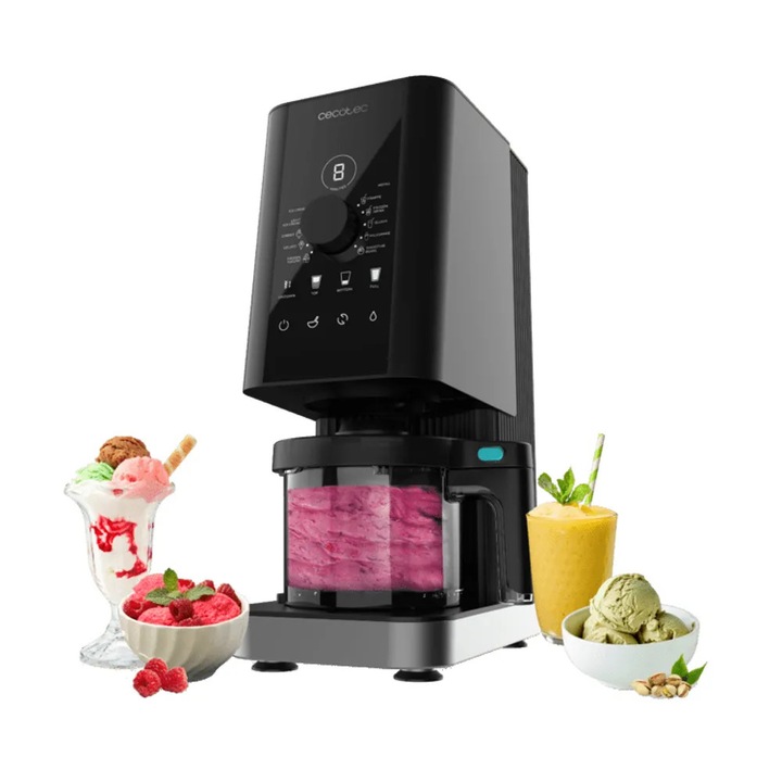 Cecotec Gelatec 1800 fagylalt/slushie/fagyasztott joghurt/sorbet/frappe/turmix készítő gép, 3 x 0.45 l tartálykapacitás, 5 perc elkészítési ciklus, 3 lépéses rendszer: prepare/freeze/mix, CreamOn technológia, +Mix-in technológia, fekete
