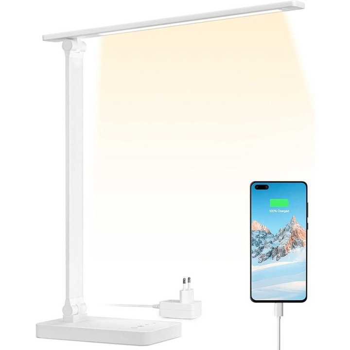 LumiTouch LED Asztali Lámpa, Érintésvezérlés, 3 Színmód, 5 Fényerő Szint, 9W, 750 Lumen, Beállítási Memória, Időzítő, Alumínium Test, PR310002, Fehér
