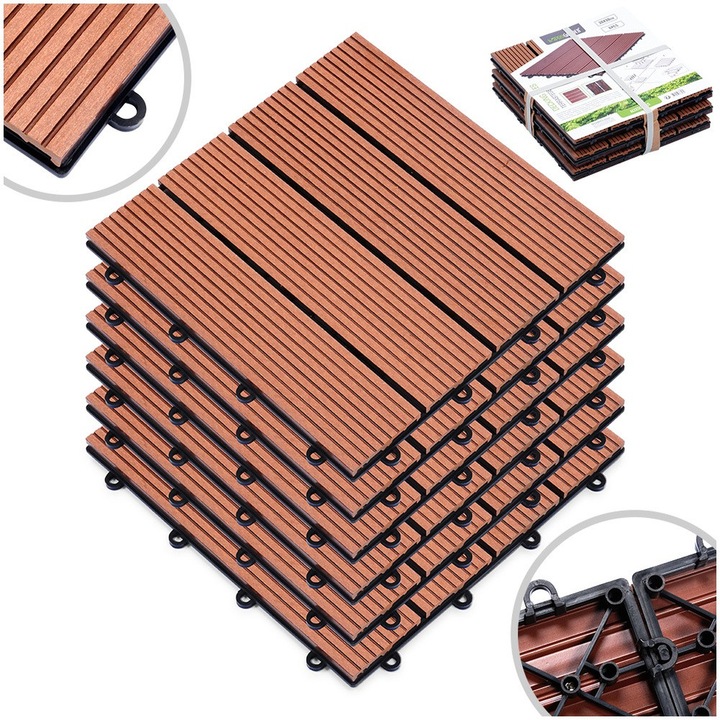 Set 6 Placi Pentru Pardoseala Terasa Si Balcon, Progarden, Dale Modulare Cu Sistem De Asamblare Rapida Prin Clic, 30x30 cm, Maro, Plastic Compozit Rezistent La Intemperii Si Raze Uv, Suprafata Canelata Antiderapanta, Montaj Usor, Design Elegant