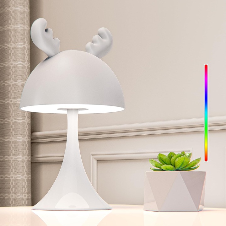Lampa de Veghe LED RGB pentru Copii – Reincarcabila, Control Tactil, 7 Moduri de Iluminare, Design Ciuperca cu Urechi de Ren, Lampa de Noptiera pentru Dormitor si Camera Copii, Alba