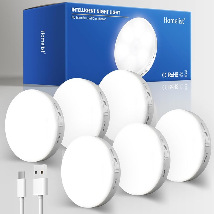 Set 6 lampi LED cu senzor de miscare Homelist, reincarcabile USB, montaj magnetic, lumina alba si calda, autonomie pana la 60 zile, pentru dulap, scari si mobilier, Plastic, culoare Alb