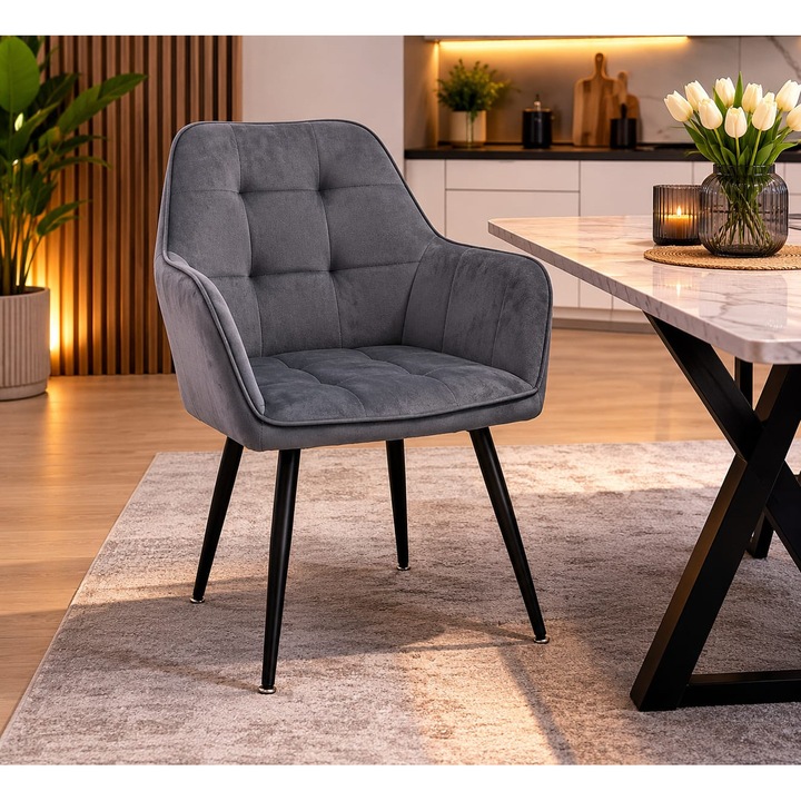 Kárpitozott étkezőszék, szivacsos ülőfelület, fém szerkezet, modern design, szürke Szürke