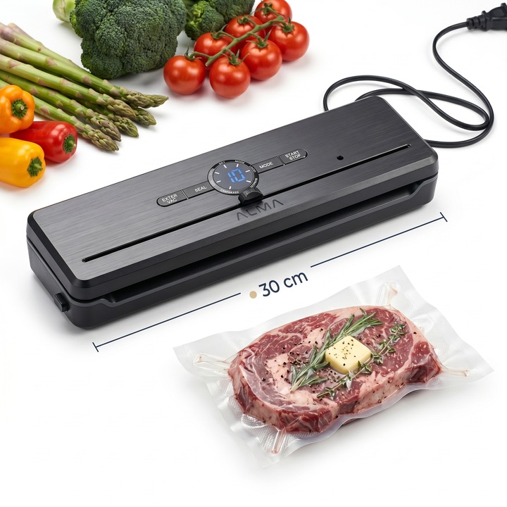 Aparat de Vidat Alimente Profesional 90 kPa ALMA, Aparat de Sigilat si Vidare Automata cu Bara Lipire 30 cm si Cutter, Aparat Vacuum 135W Vidare Umeda Uscata, Aparat de Vidat cu Furtun Caserole Sticle, Panou Tactil Display LED, Aparat Vidat Compact Casnic