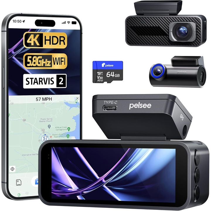 Pelsee P1 Pro Dual 4K UHD elől + 1080P hátul autós kamera, Sony STARVIS 2, 170°-os látószög, HDR/WDR, ADAS, G-szenzor, beépített GPS, kétsávos WiFi 2.4/5.8GHz, színes éjjellátó, 24 órás parkolásfigyelés, 3.39” IPS kijelző, 64GB SD kártya