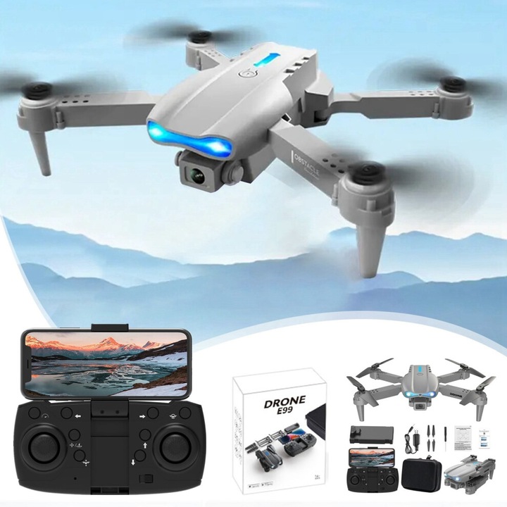 Дрон за деца с камера 1080P HD FPV, дистанционно управление, сив, 25x22x8см