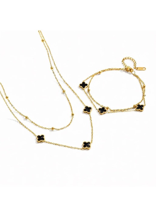 Set colier si bratara auriu, din otel inoxidabil, suflat cu aur 18k, cu trifoi negru, Velisse C2
