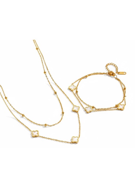 Set colier si bratara auriu, din otel inoxidabil, suflat cu aur 18k, cu trifoi alb, Marivra C2