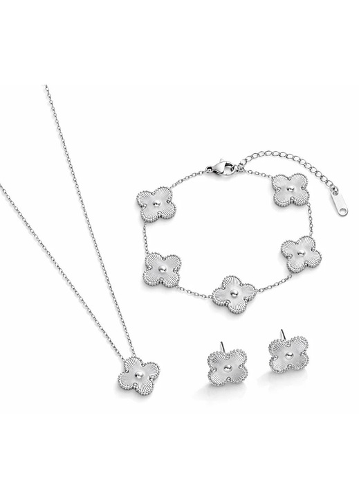 Set colier, cercei si bratara argintiu, din otel inoxidabil, suflat cu aur 18k, cu trifoi, Lorenae C2