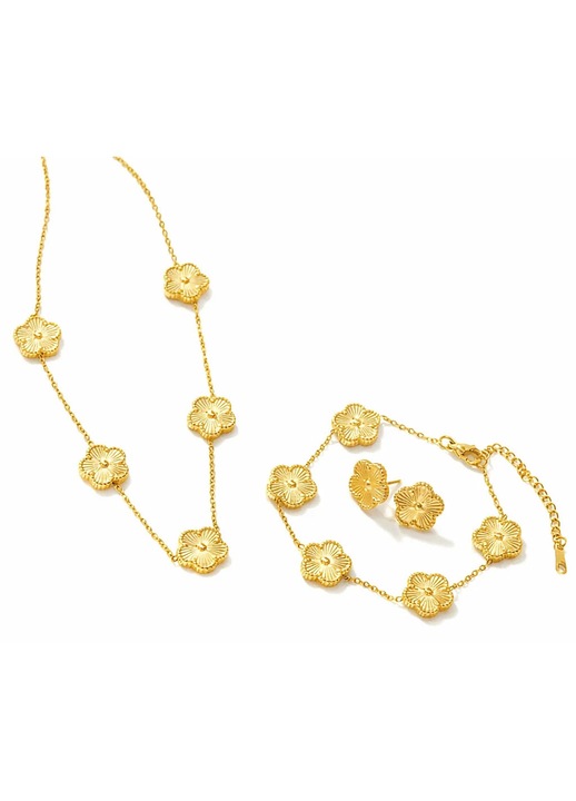 Set colier, cercei si bratara auriu, din otel inoxidabil, suflat cu aur 18k, cu trifoi, Olyssa C2