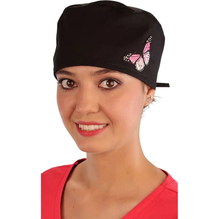Boneta Chirurgicala Black Cap with Pink Butterfly Patch