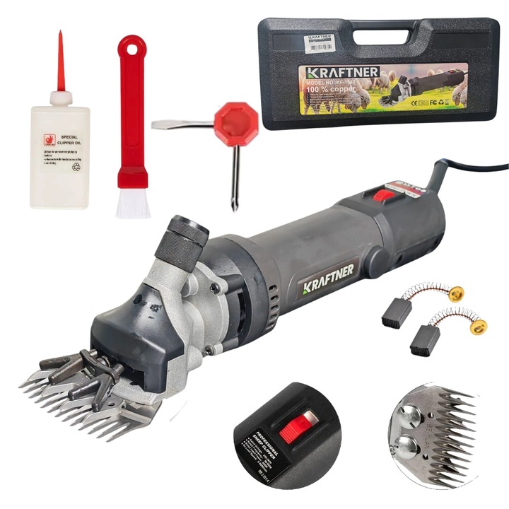 Masina de tuns oi 1500w, 2800rpm, 77mm latime, 6 trepte, turatie variabila, carbuni de rezerva KRAFTNER KF-1542