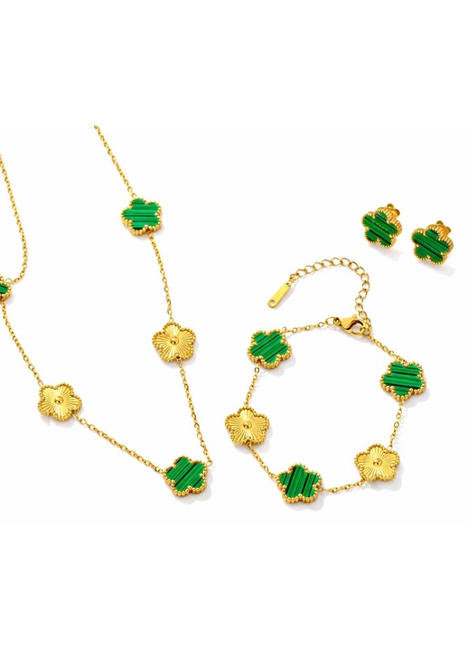 Set colier, bratara si cercei auriu, din otel inoxidabil, suflat cu aur 18k, cu trifoi verde, Vynessa C2