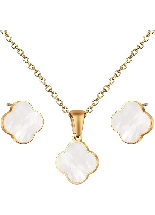 Set colier si cercei auriu, din otel inoxidabil, suflat cu aur 18k, cu trifoi, Olymira C1