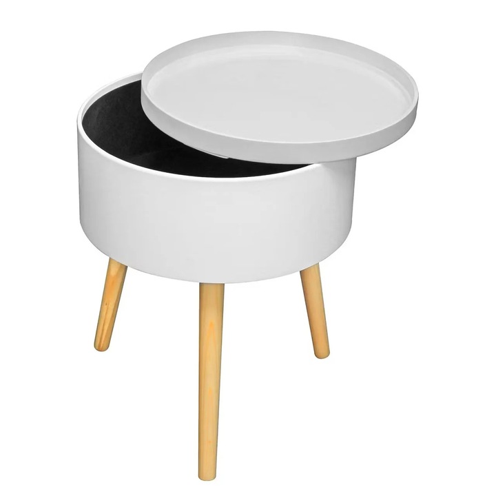 Re-Bloom - Masuta laterala rotunda cu blat detasabil si spatiu de depozitare interior, diametru 38 cm, corp MDF lacuit, picioare din pin masiv, culoare alb/pin