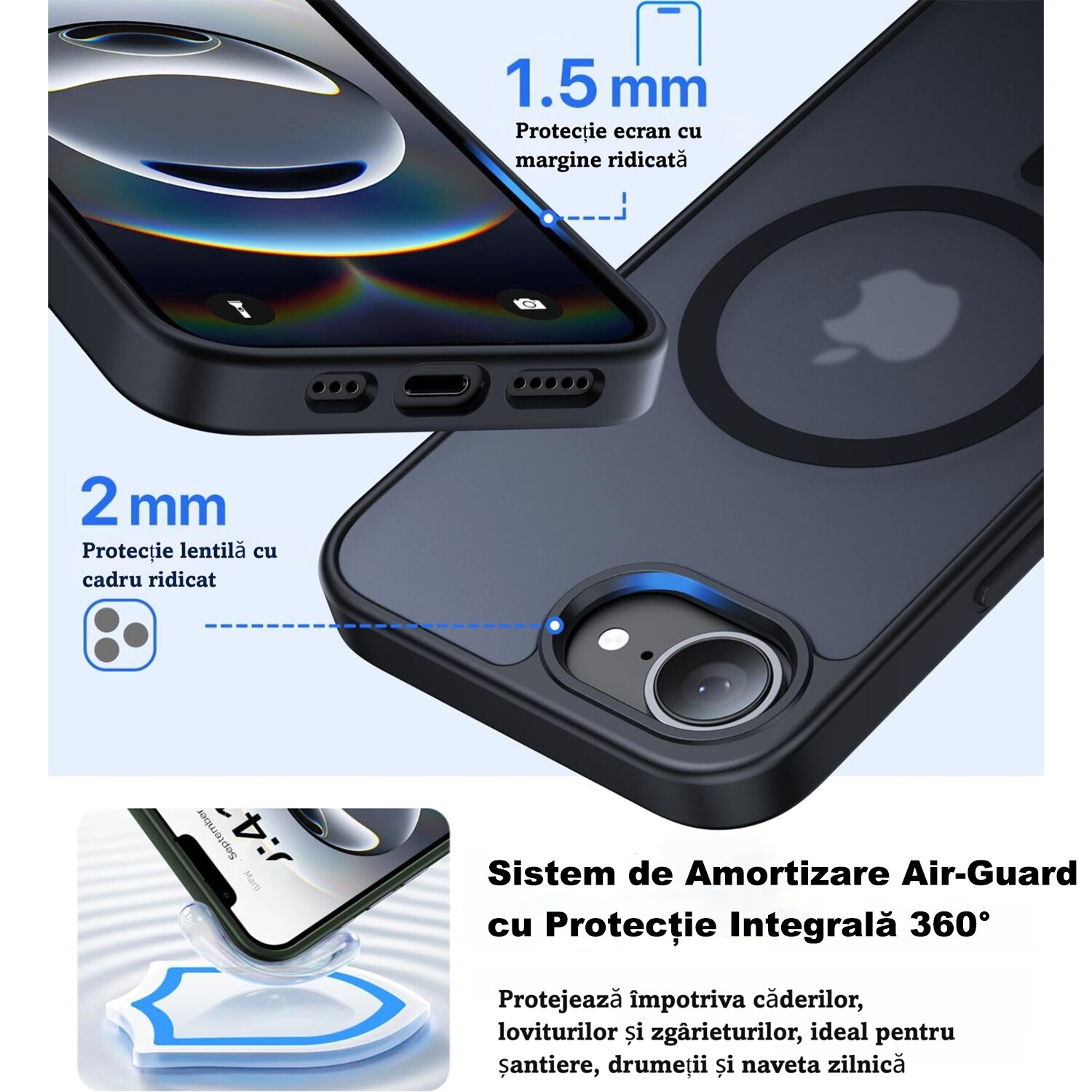 Husă de Protecție MOGU pentru iPhone 17e/16e, Antisoc, Neagră, 6, 1 inci