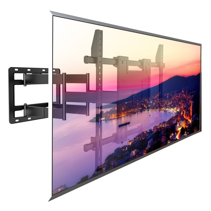 Suport TV de perete, profesional ELTEK®, Full Motion, reglabil, inclinare si rotire, diagonala 65”–110” (165cm–279cm), greutate maxima sustinuta 120 kg, structura Heavy-Duty, VESA maxim 900 × 600, negru