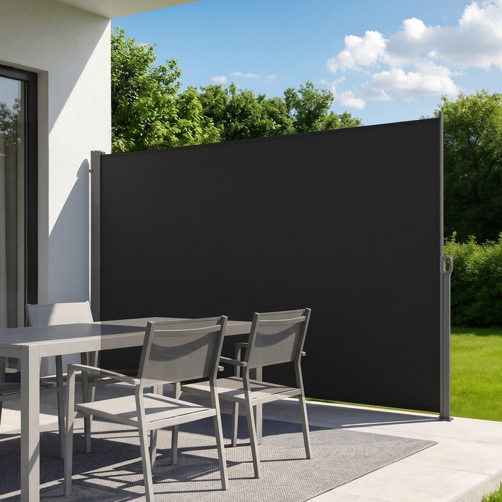 Kihúzható oldalárnyékoló, Terasz adatvédelmi paraván 180x300 cm, 180 g/m² poliészter, Vízálló, Napvédelem, Fekete