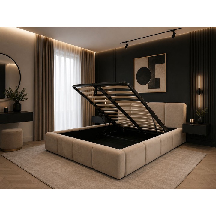 Pat Giovanni 160x200 Cu Lada De Depozitare Tapitat Catifea Bej Somiera Inclusa ML2553-01 Marketmob