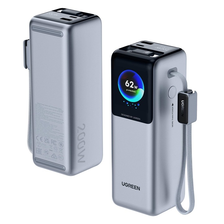 Baterie Externa Ugreen PB728, Incarcare rapida, 2x Cabluri integrate USB-C, USB, Type-C, Display Digital, 25000mAh, 200W, Gri