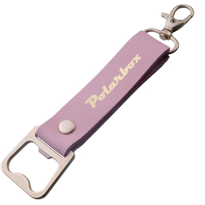 Desfacator sticle Polarbox, utilizare drept breloc pentru cutii/genti frigorifice, ideal pentru picnicuri/excursii/plaja, design retro, material piele/metal, roz