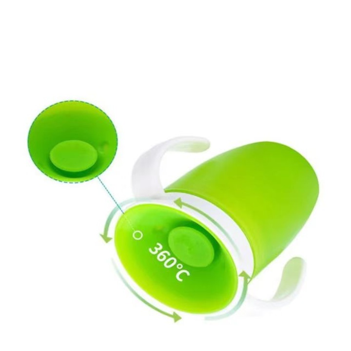 Cana de invatare pentru copii, anti-scurgere, cu manere duble, personalizabila logo, din PP, verde – tip „Magic Cup” 360°