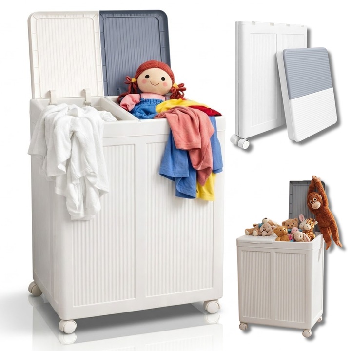 Cos rufe cu 2 compartimente Salestore.ro® 100L, Organizator pliabil, cu roti, capace separate, Capacitate extra-large, 49.5x36x61 cm, organizare haine, economisire spatiu, Alb/Gri