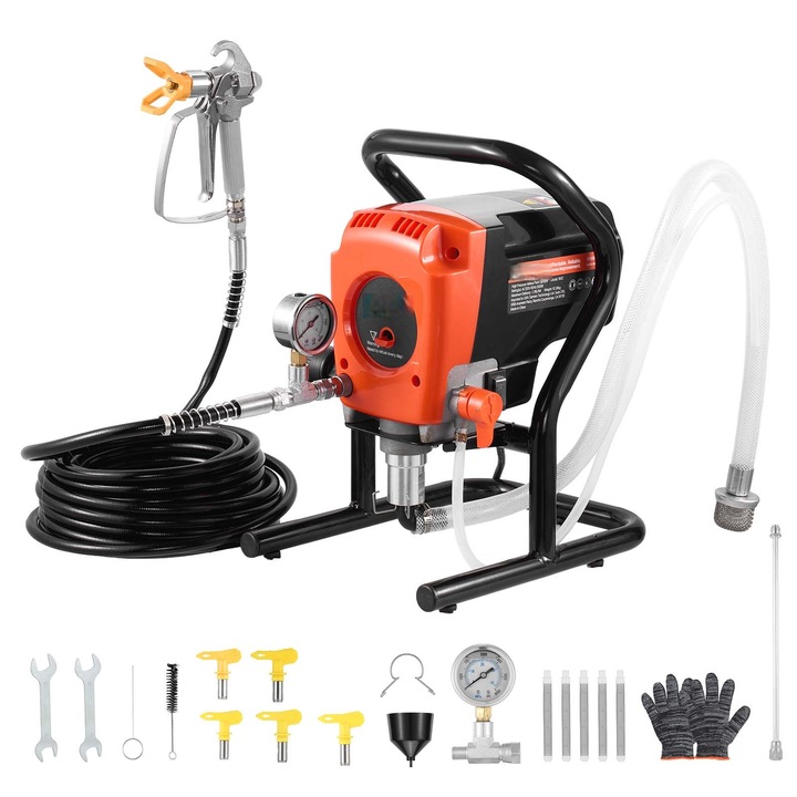 Pistol de vopsit airless cu suport 900 W, presiune 227 bar, cu furtun, lance prelungitoare, duze si perie curatare, pentru interior, exterior si garduri