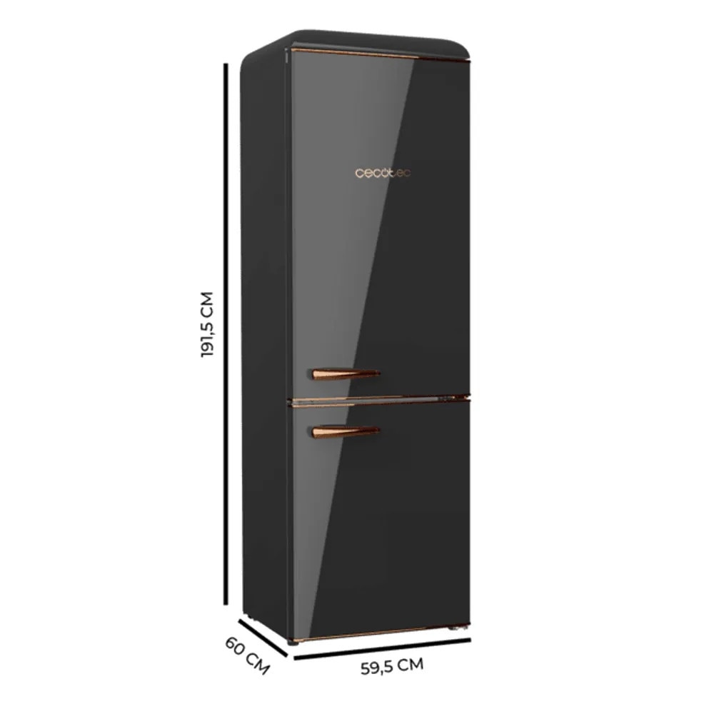 Combina frigorifica Retro Cecotec, Bolero CoolMarket Combi Origin, 300 litri, H 191.5 cm, congelator 84 litri, racire ventilata, compartimentare optimizata, termostat mecanic, 3 rafturi sticla ajustabile, sertar Crisper Box, Big Box congelator, negru