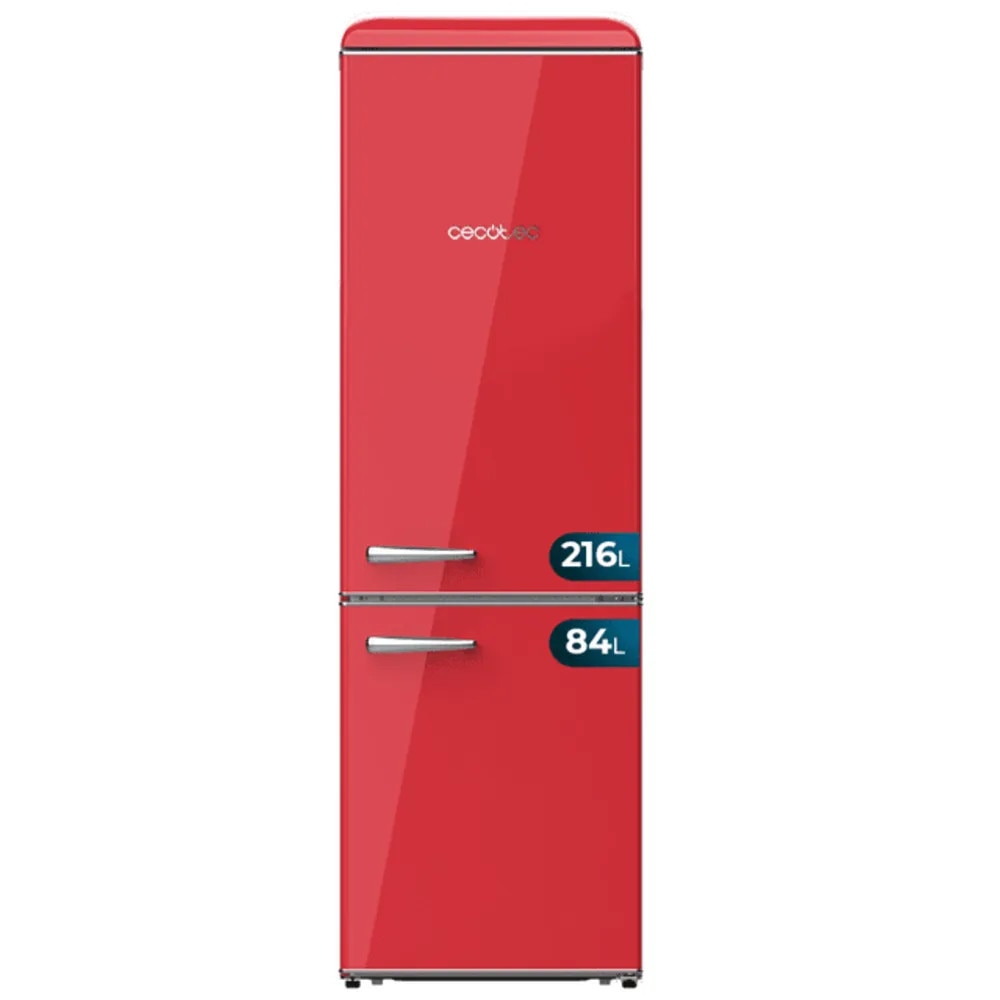 Combina frigorifica Retro Cecotec, Bolero CoolMarket Combi Origin, 300 litri, H 191.5 cm, congelator 84 litri, racire ventilata, compartimentare optimizata, termostat mecanic, 3 rafturi sticla ajustabile, sertar Crisper Box, Big Box congelator, rosu