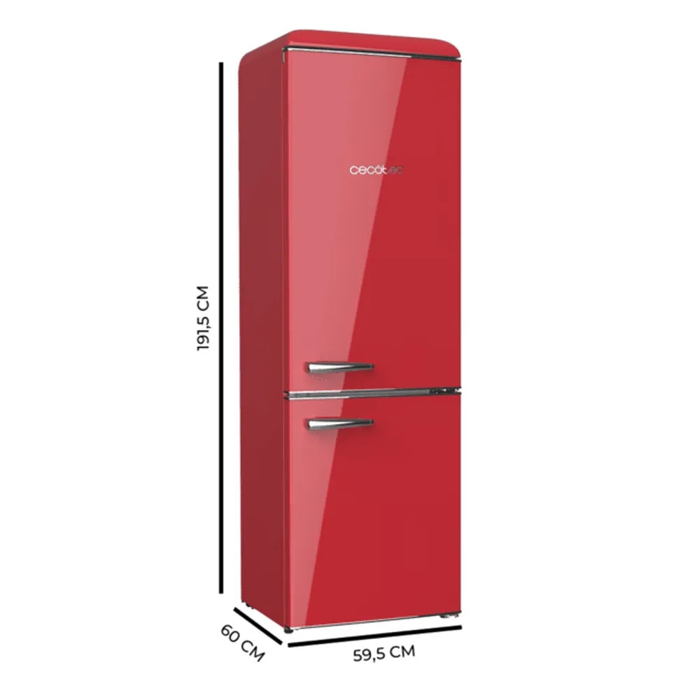 Combina frigorifica Retro Cecotec, Bolero CoolMarket Combi Origin, 300 litri, H 191.5 cm, congelator 84 litri, racire ventilata, compartimentare optimizata, termostat mecanic, 3 rafturi sticla ajustabile, sertar Crisper Box, Big Box congelator, rosu