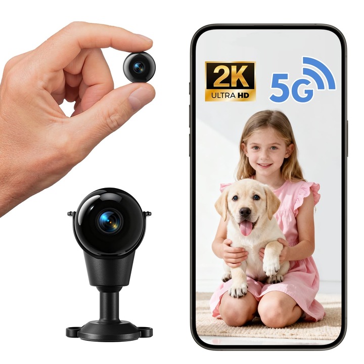 WiFi Mini megfigyelő kamera, 2K HD, éjjellátó, mozgásérzékelés, 5X zoom, 2.4GHz/5GHz kompatibilis, Fekete szín